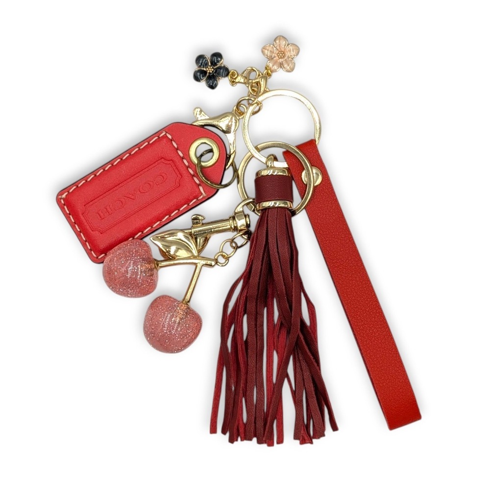 Coach Hangtag with Cherry Flower Bag Charms Keychain Red Tassel Pink Glitter